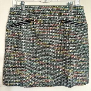 Loft multicolor tweed lined mini skirt with metallic thread, zip pockets size 8
